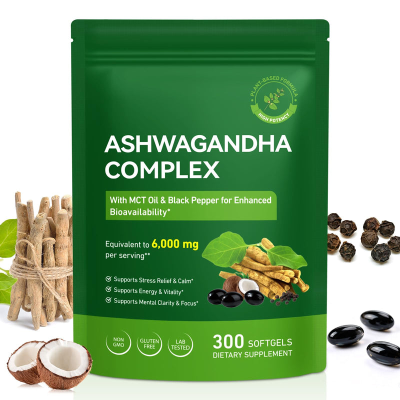 Ashwagandha 6000mg 300 Softgels, Ashwagandha KSM 66 Complex & Black Pepper Extract, High Absorption Supplement for Stress Relief, Mood, Focus & Vitality Support-Non GMO, Gluten Free