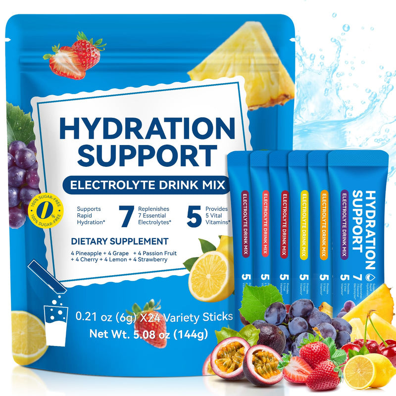 Electrolyte Powder Sachets – Sugar Free Hydration Drink Mix with 7 Essential Electrolytes & B Vitamins – Low Calorie, Vegan, Gluten Free – 24 Pack, Mixed Fruit Flavours