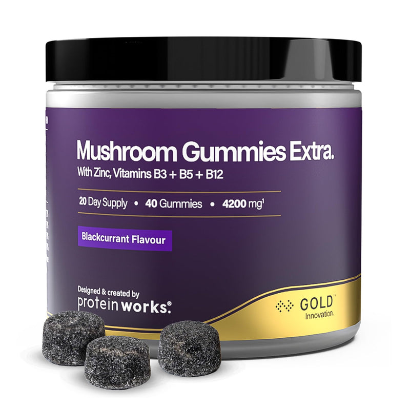 Mushroom Gummies Extra - GOLD Innovation, Potent Multi-Mushroom Complex, Lion's Mane, Reishi, Cordyceps, Chaga, Tremella, Maitake, Zinc, Vitamins B3, B5 & B12, 40 Gummies, Blackcurrant | Protein Works