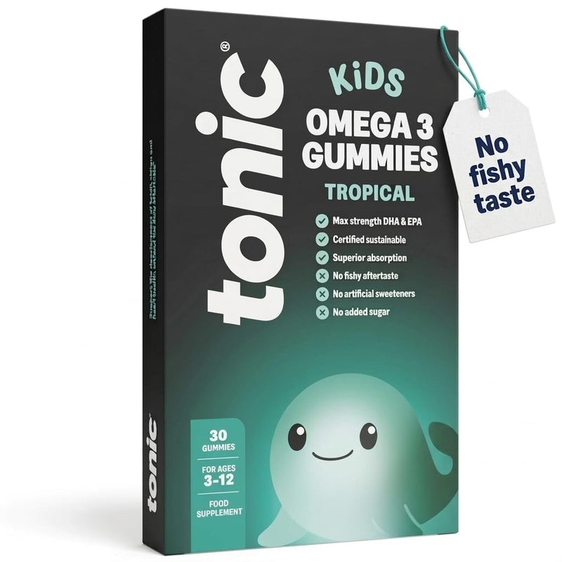 Tonic Health Kids Omega 3 Gummies – No Fishy Taste - 30 Sugar Free Tropical Gummies Max-Strength DHA & EPA Wild-Caught & Sustainably Sourced Supports Brain Vision & Heart Health