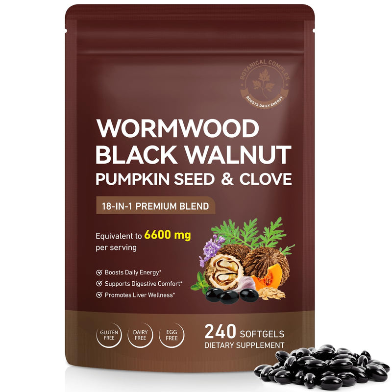 Wormwood Black Walnut and Clove Softgels, 6600mg High Strength Formula for Humans with Pumpkin Seed, Garlic, Turmeric & Oregano, Supports Digestive, Liver Wellness & Daily Energy, 240 Softgels