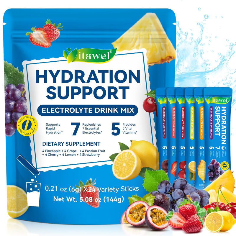 Electrolyte Powder Packets-Sugar Free Electrolyte Drink Mix for Rehydration with Electrolytes,Workout & Energy Recovery | 5 Vitamins & 7 Electrolytes|Rapid Hydration | Certified Vegan | 24 Sticks