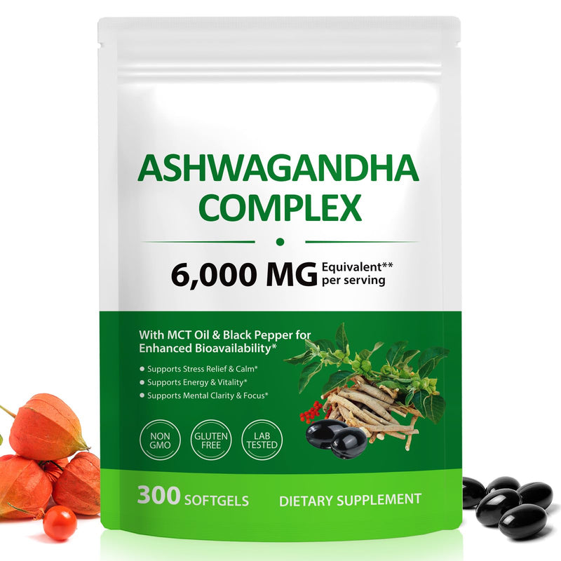 Ashwagandha KSM-66 Ashwagandha Softgels 6000mg Complex Ashwagandha Root Extract with MCT Oil & Black Pepper | Ashwagandha Powder Herbal Supplements for Women & Men