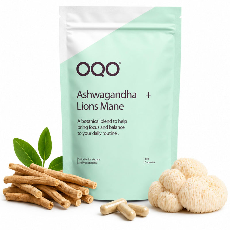 OQO Ashwagandha KSM-66 & Lion's Mane Capsules | High Strength 1400mg Ashwagandha & 600mg Lion's Mane | with Black Pepper Extract | Vegan & Vegetarian Friendly | 120 Capsules