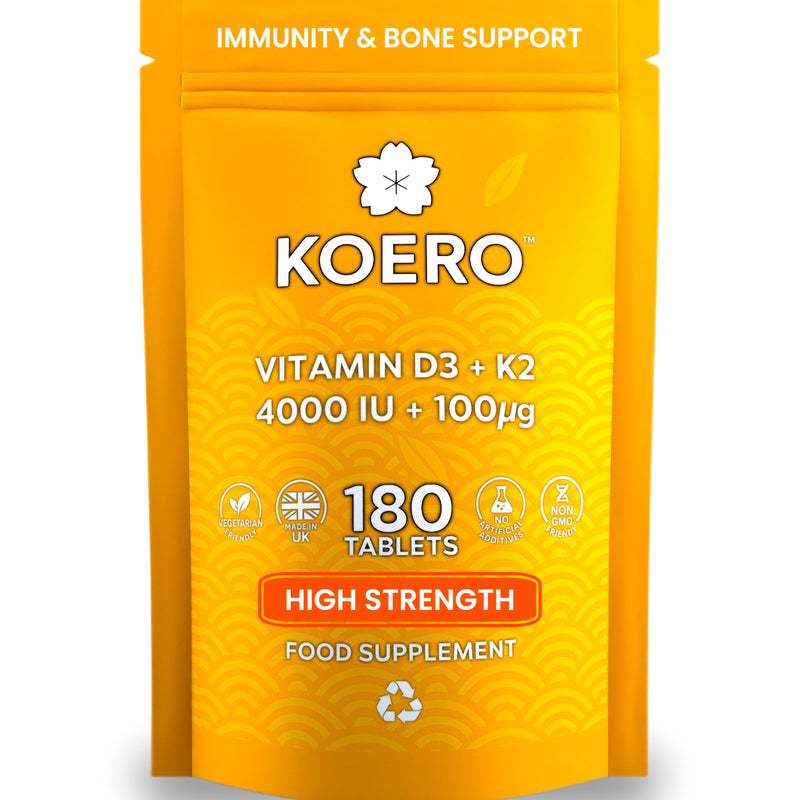 KOERO Vitamin D3 4000 IU + K2 MK7 100mcg – High Strength Daily Tablets – Supports Immunity & Bone Health – 180 Tablets – UK Made