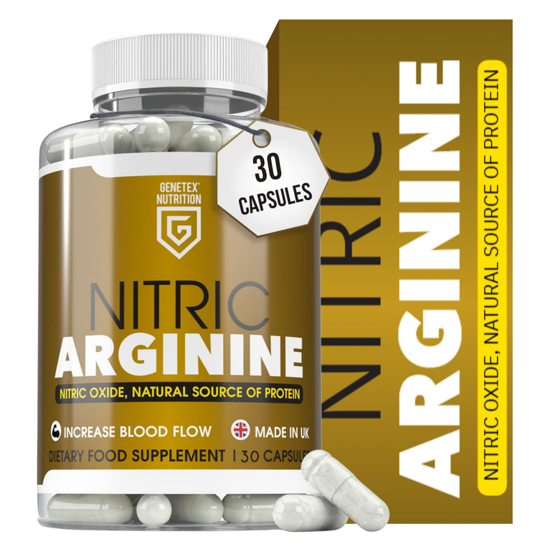 Nitric L-Arginine Nitric Oxide Booster | Natural Protein Source Supplement | Testosterone Supplements for Men | Supports Performance, Energy & Stamina, Vegan & Vegetarian Friendly, 30 UK Made Capsules