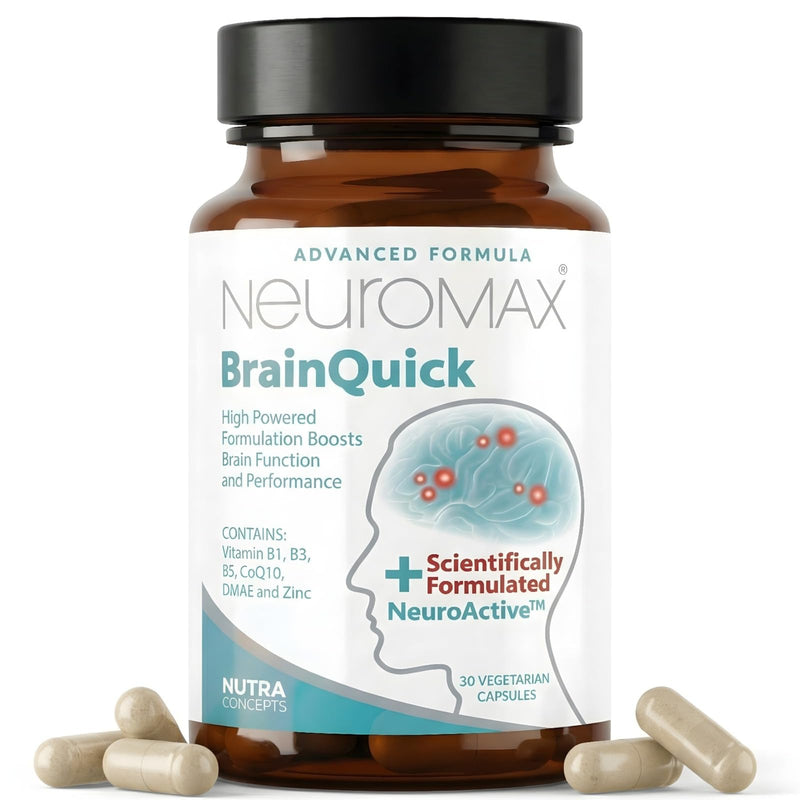 BrainQuick, Brain Support, Vegetarian Supplement 30 Capsules – Made in UK, Natural Cognitive Support for Memory, Focus, Mental Clarity with NeuroActive, Vitamin B1 B3 B5 CoQ10 DMAE and Zinc