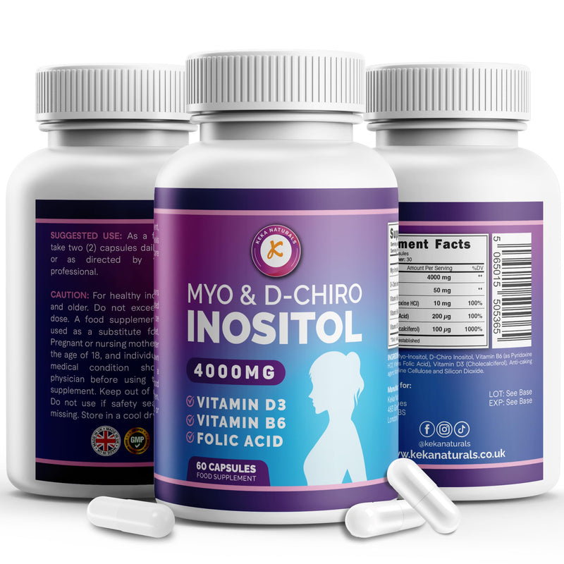 Inositol Myo & D Chiro - 4000mg, Folic Acid, Vitamin D3, Vitamin B6, Women's Daily Wellness Support, Vegan & Gluten-Free, 60 Capsules