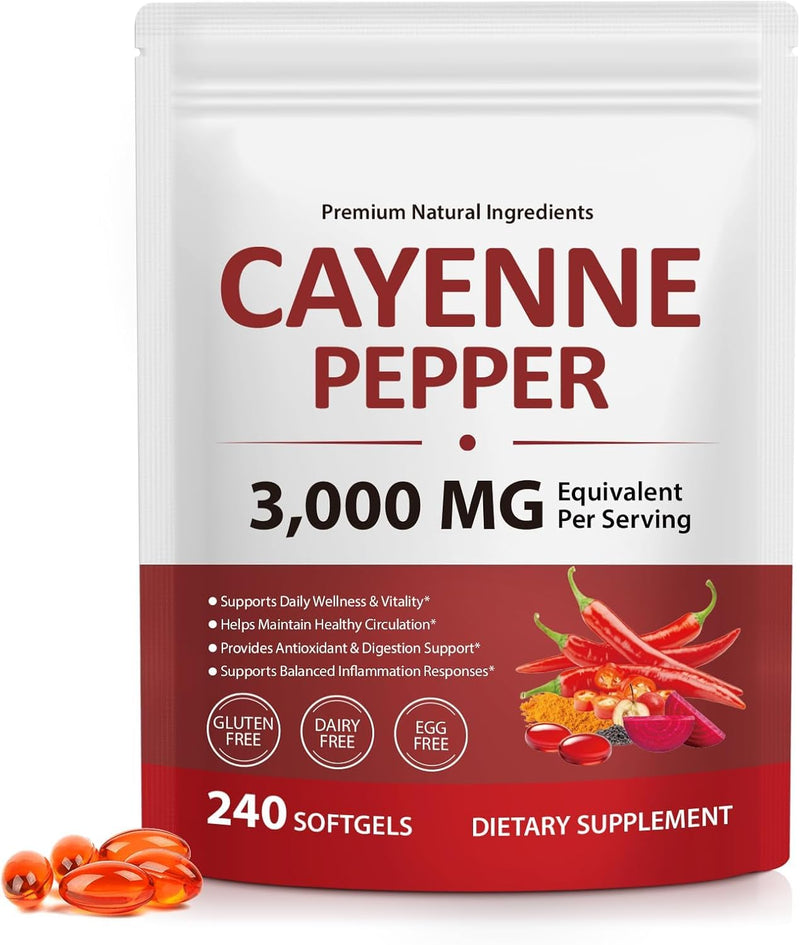 Cayenne Pepper Softgels with Beetroot, Hawthorn, Grape Seed, and Turmeric – Infused with Vitamins D3, K2 & E – Supports Circulation, Leg Health, and Heart Function – 240 Softgels