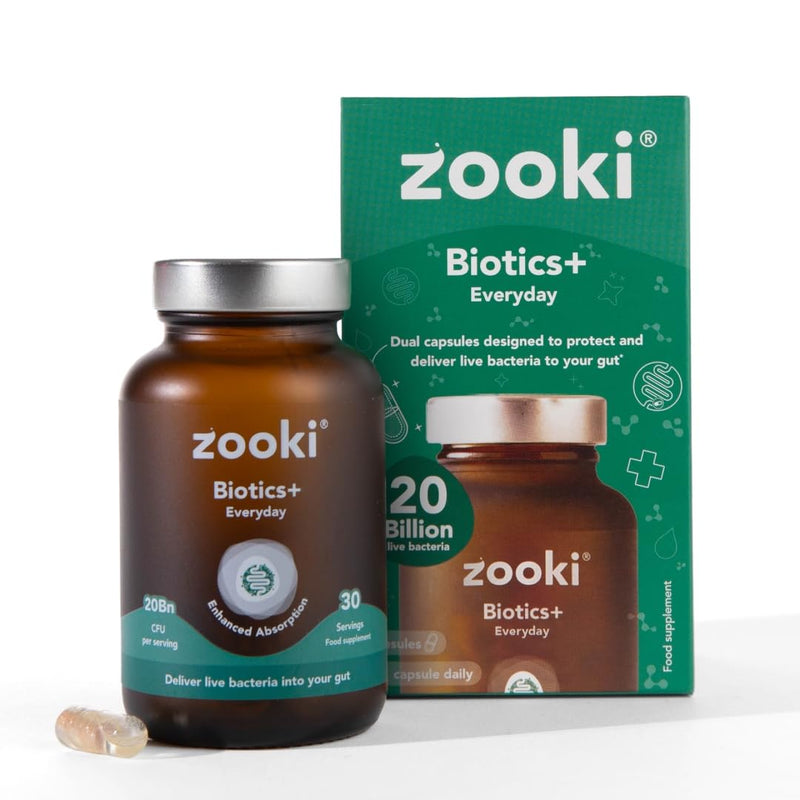 Zooki Biotics+ Everyday Probiotic Supplement – 20 Billion CFU Oral Probiotics for Gut Health with Multi-Strain Cultures – Probiotic & Travel Probiotics for Daily Gut Health Support (30 Capsules)