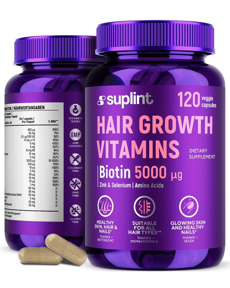 Hair Growth Vitamins – Biotin 5000 mcg with MSM & Selenium & Zinc – Hair and Nails Vitamins for Women – 120 Capsules – Hair Growth Supplement for Stronger, Healthier Hair