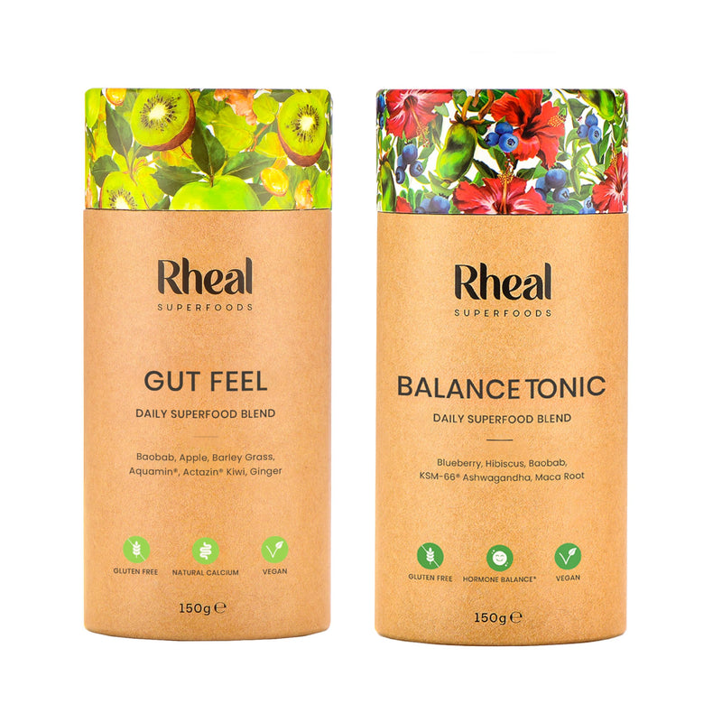 Rheal Superfoods Most Loved Bundle - Balance Tonic & Gut Feel Superfood Powder Duo, Complete Daily Wellness Routine, Gut Health & Hormonal Balance Support, Plant-Based, 30 Servings Each