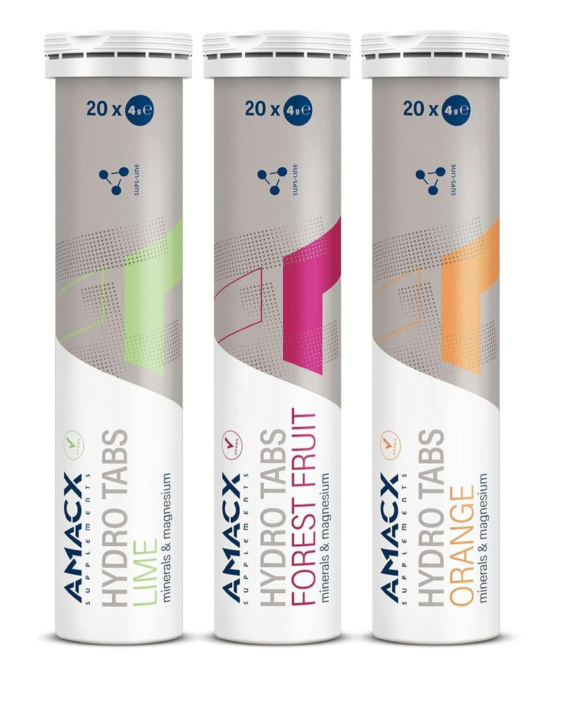 AMACX Hydro Tabs, Electrolytes Without Sugar with Vitamin C, 3 Tubes of 20 Magnesium Effervescent Tablets, Hydration for Athletes, Electrolyte Sport, Recovery Drink for Mineral Balance (Variety Pack) Variety Pack
