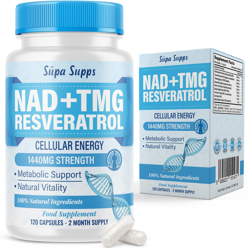 NAD+ TMG, Resveratrol -120 Capsules, 60 Day Supply, Cellular Energy Aid, Methylation Support, Antioxidant Complex, Vegan Friendly, High Strength Formula, NAD Supplements UK, Daily Vitality Support