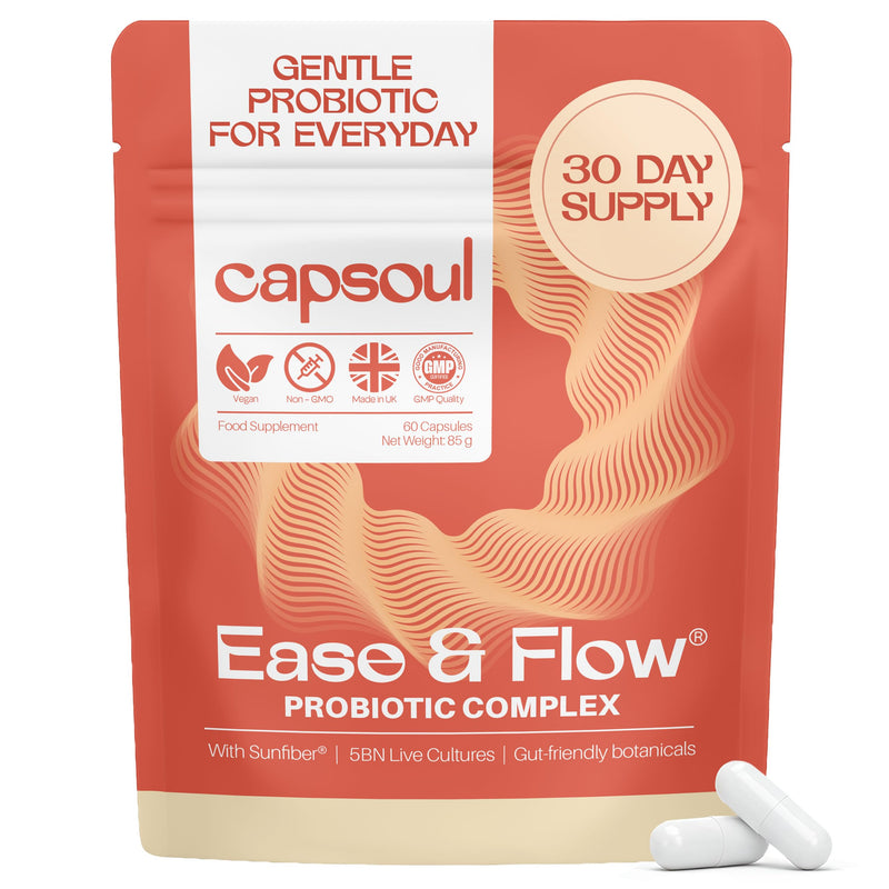 Capsoul Ease & Flow Probiotics for Women | Gut Health Supplements with 5 Billion CFU, Prebiotic Fibre PHGG, Peppermint & Fennel | Vegan Support for Bloating Relief for Women - 60 Capsules