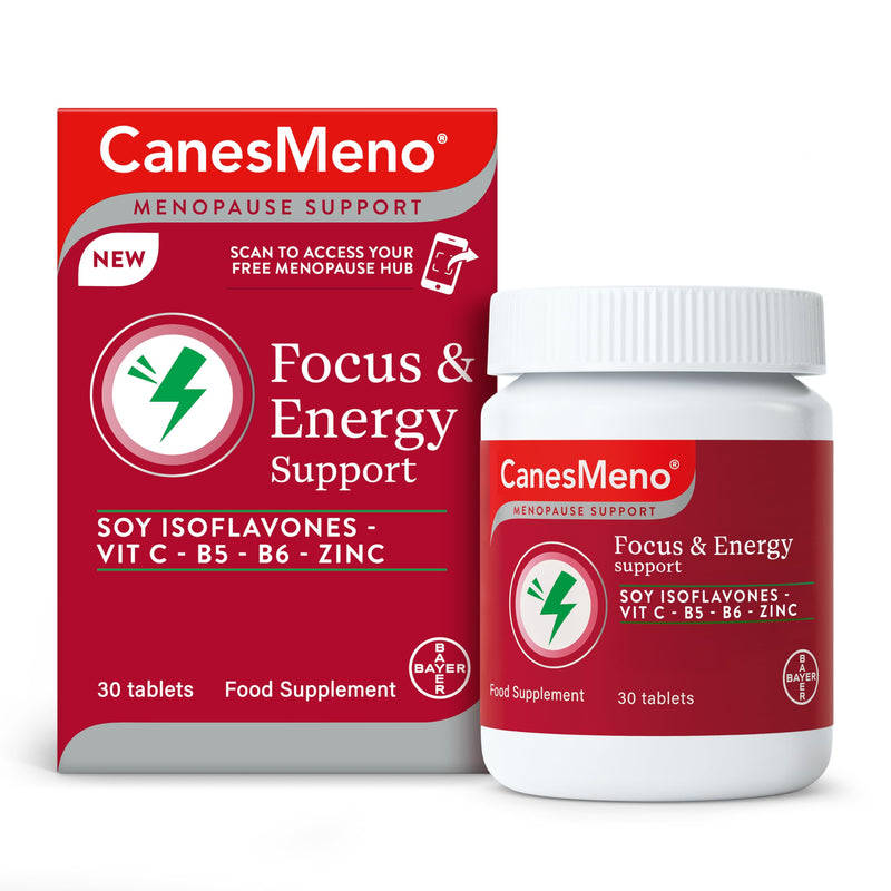 Menopause Support Focus & Energy Support 30 Tablets, containing Vitamin C, B5, B6 and Zinc.