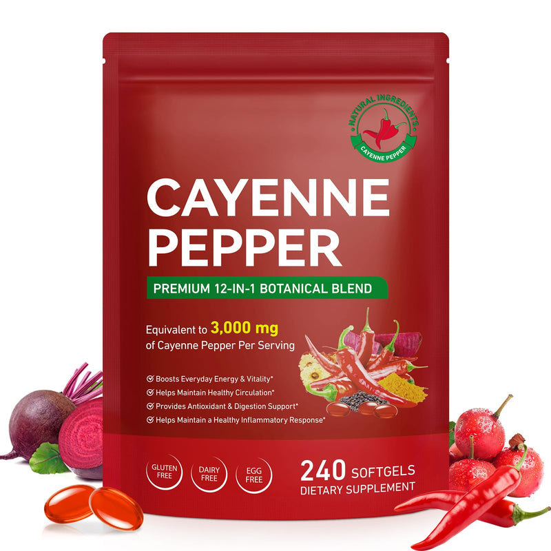 Cayenne Pepper Softgels 240 Capsules | 12-in-1 3000mg Botanical Blend with Hawthorn, Beetroot & Vitamins D3, K2, E | Supports Circulation, Leg Vein, Energy & Digestion | Vegan, Non-GMO