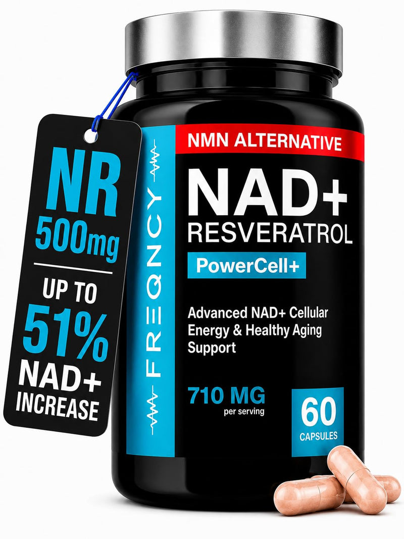 FREQNCY NAD+ Resveratrol Supplement, 500mg Pure Nicotinamide Riboside (NR), Advanced 4-in-1 NAD Formula for Anti-Aging & Cellular Energy | NAD, NADH & NMN Alternative | 60 Capsules | For Men and Women