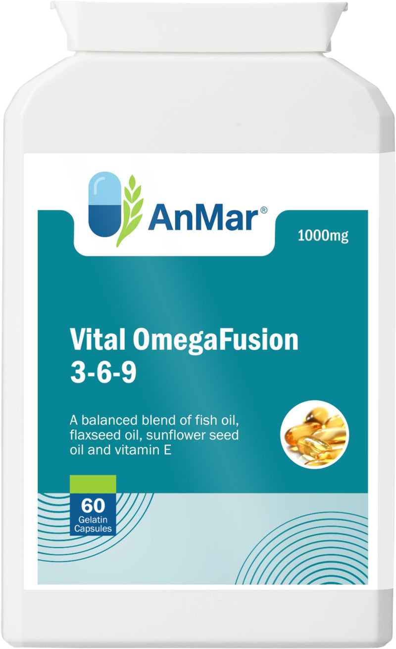 AnMar® Vital OmegaFusion 3-6-9 – Omega 3, 6 & 9 Essential Fatty Acid Complex with Fish Oil, Flaxseed Oil & Vitamin E – Heart, Brain & Vision Support – 1000mg Softgel Capsules – 60 Capsules