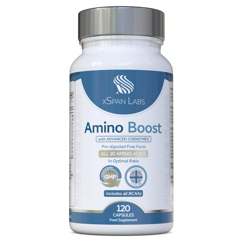 Amino Boost - Full Spectrum 20 Amino Acids Supplement 120 Vegan Capsules |Includes All BCAAs - Free Form pre-digested Amino Acids with Added Advanced Coenzyme Support. No Additives - UK Made