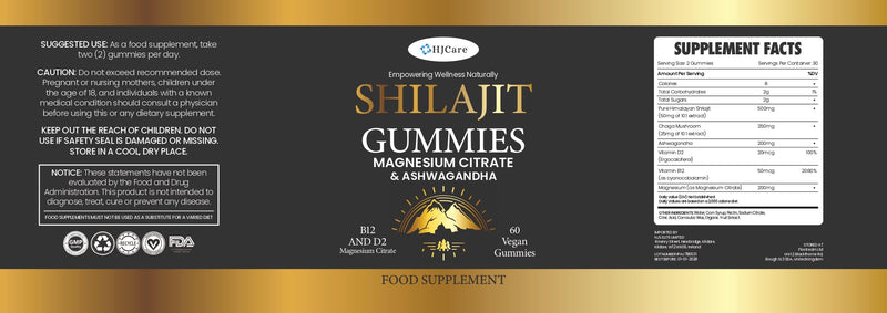 Pure Himalayan Shilajit Gummies With Magnesium Citrate For Men & Women - 60 Shilajit & Ashwagandha Gummies with Vitamin B12 & D2, Chaga Mushroom & 85+ Trace Minerals | Vegan, Natural, & High-Strength.