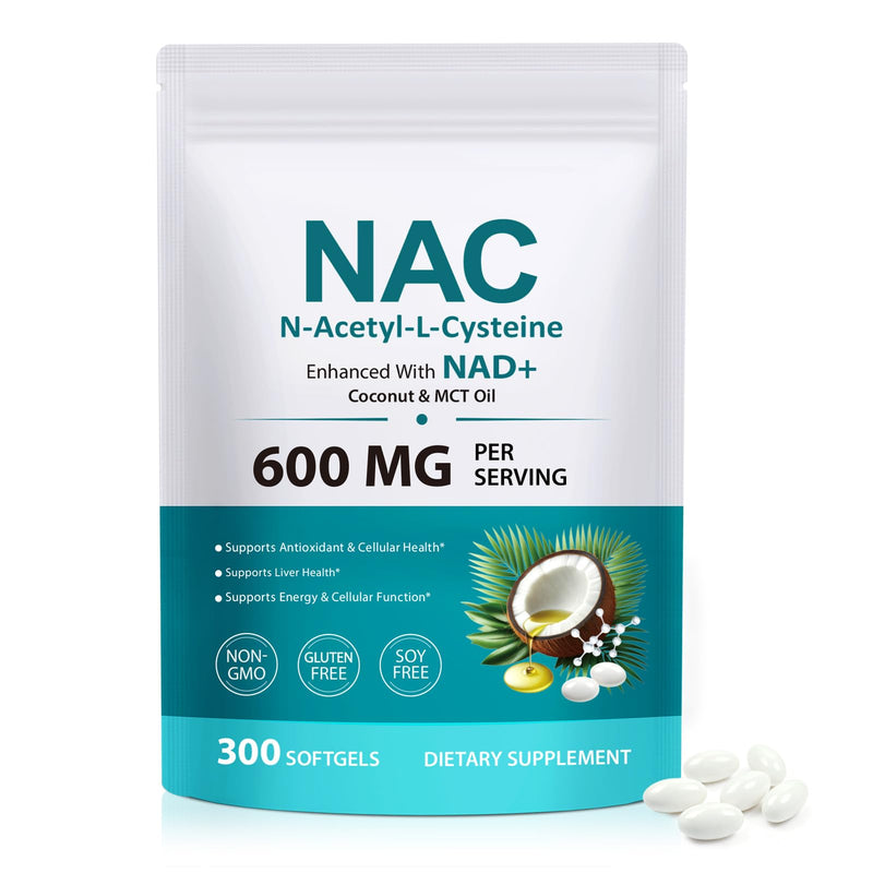 NAC (N-Acetyl-L-Cysteine) 600mg – 300 Softgels – Enhanced with NAD+, Coconut & MCT Oil – 100-Day Supply – Supports Daily Wellness, Metabolic Function & Natural Balance – Vegan & Non-GMO