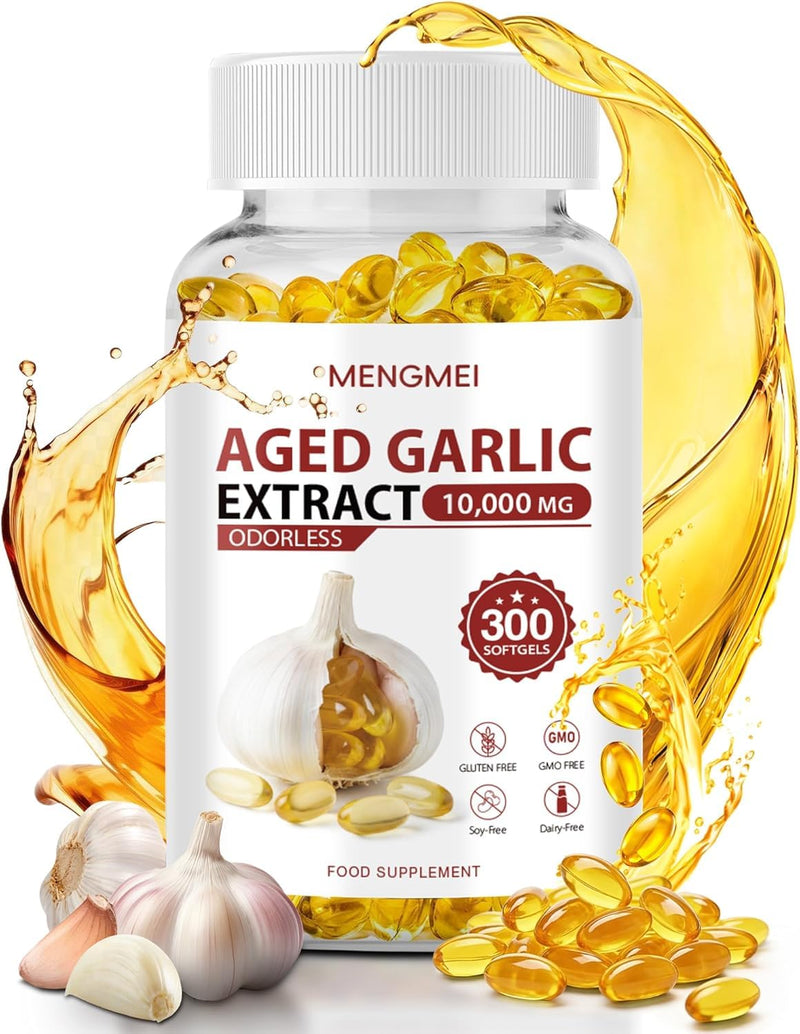 Aged Garlic Extract Odorless Softgels, 20:1 Concentrate, Daily Immune & Heart Health Support, 2 Year Aged Garlic Supplements for Men & Women, 300 Count 300 count (Pack of 1)