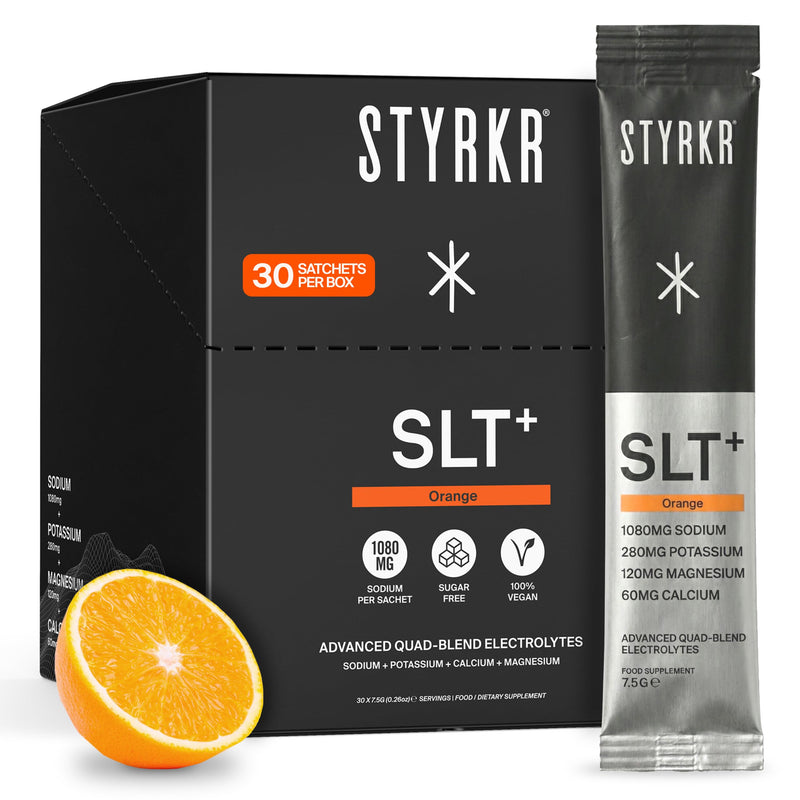 Styrkr SLT+ High Sodium Electrolyte Powder Sachets (30 Servings 1000mg+ Sodium) – Zero Sugar Hydration Drink Mix for Running, Cycling & Endurance – Electrolytes with Magnesium & Potassium (Orange) Orange
