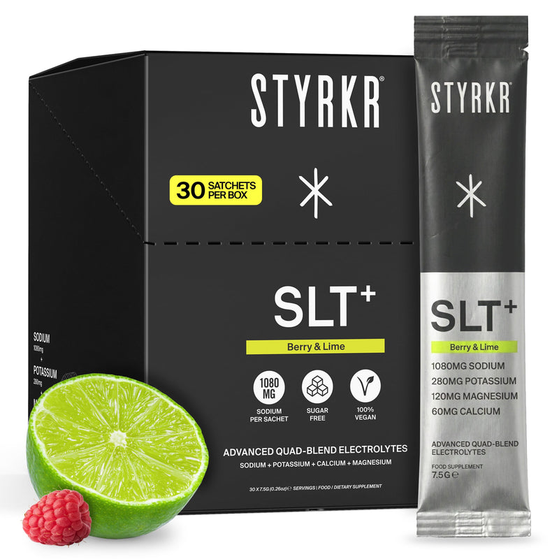 Styrkr SLT+ High Sodium Electrolyte Powder Sachets (30 Servings 1000mg+ Sodium) – Zero Sugar Hydration Drink Mix for Running, Cycling & Endurance – Electrolytes with Magnesium & Potassium (Berry/Lime) Berry & Lime