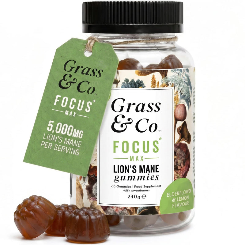Grass & Co. Focus Max Mushroom Gummies, Vegan Lions Mane Gummies 5000mg with Vegan Algae Omega 3, Korean Ginseng, Vitamin B & Vitamin D, Elderflower & Lemon Flavour, 60 Count, High Strength