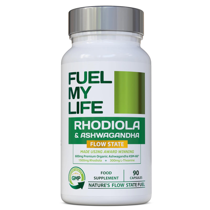 FlowState - Rhodiola & Ashwagandha with L-Theanine - Award Winning Ashwagandha KSM-66 600mg & 1500mg Rhodiola - Whole Root Equivalent- adaptogen Combo- No Artificial fillers- UK Made