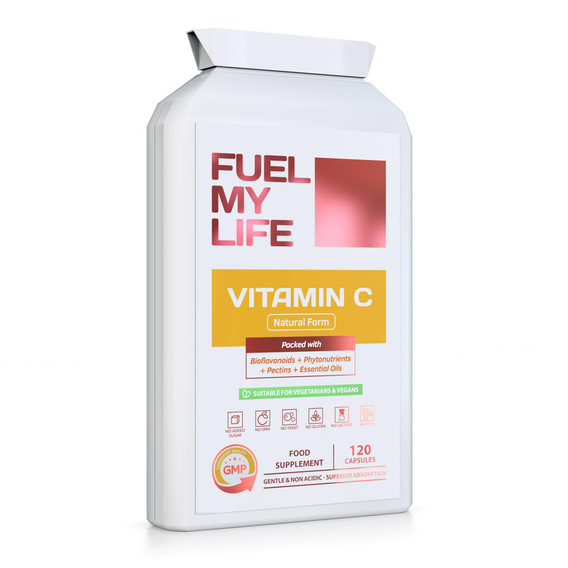 Natural Vitamin C 120 Capsules – Optimum Absorption All-Natural Food Form - Gentle & Non-Acidic - Packed with Bioflavonoids, Pectins, Essential Oils & phytonutrients - NO Synthetic ascorbic Acid