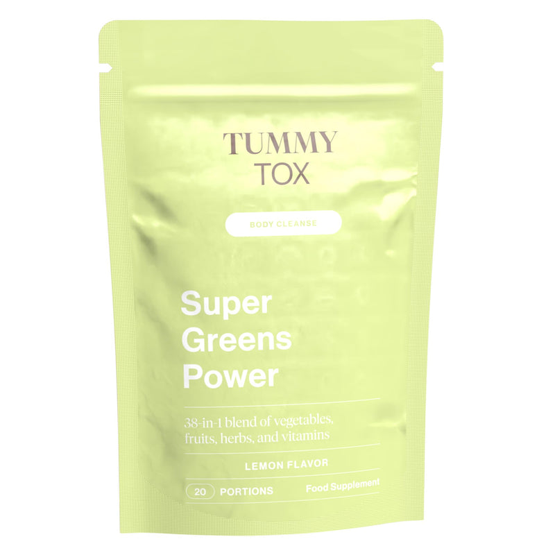 Super Greens Power with Guarana, Inulin & Green Tea – Lemon Flavour Super Greens Powder Drink with Chicory Root, Artichoke, Choline & Vitamins – 160 g – Tummy Tox