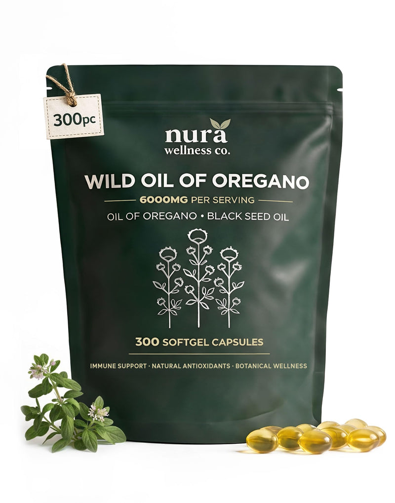 Wild Oregano Oil 6000mg with Black Seed Oil Capsules Herbies - 300 Vegan Softgels (150 Day Supply) - Potent Immune Support & Gut Health Supplement