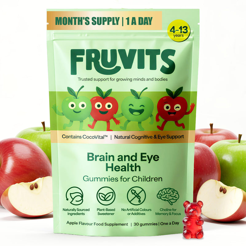 Kids Brain & Eye Health Gummies – 1‑a‑Day, Sugar‑Free, Vegan – Focus, Calm & Vision Support with Choline, Lutein & Saffron – Apple Flavour – 30‑Day Supply, Ages 4–13