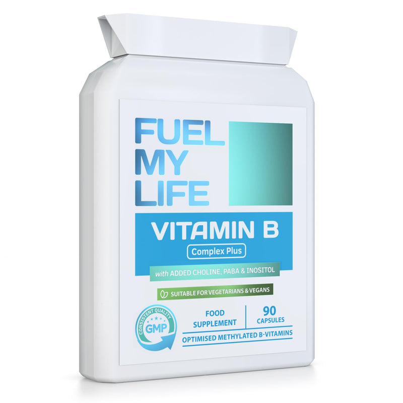 Vitamin B Complex Plus - 90 Capsules - Superior Methylated Formula with Added Choline, PABA & Inositol - Includes Essential Multi B-Vitamins B1, B2, B3, B5, B6, B12, Biotin & Folate