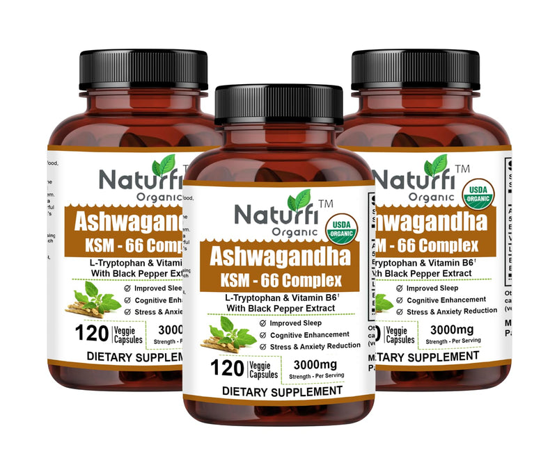Naturfi Organic Ashwagandha KSM 66 Complex – 3000mg Enhanced with L-Tryptophan & Vitamin B6 (4 Month Supply) – Ashwagandha High Strength Capsules with 250mg Extract (360 Capsules (Pack of 3)) 360 Capsules (Pack of 3)
