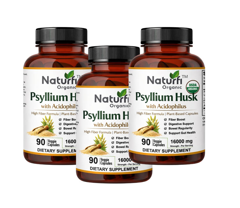 Naturfi Organic - Fibre Supplement 16,000 mg Psyllium Husk with Acidophilus - High Strength - Natural Soluble Fiber Supplement from Plantago Ovata Seeds, Vegan Capsules (270 Capsules (Pack of 3)) 270 Capsules (Pack of 3)