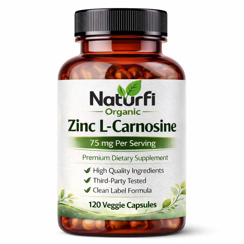 Naturfi Organic Zinc L-Carnosine Supplement 75mg Per Serving – High Potency Zinc Carnosine Capsules – Premium Quality Daily Zinc Complex – Easy to Swallow (120 Capsules (Pack of 1)) 120 Capsules (Pack of 1)