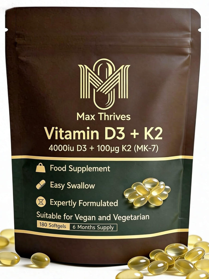 Vegan Vitamin D3 K2 Softgels 4000IU, 6 Months Supply, Olive Oil Based Lichen Sourced D3 and K2 Vitamin Complex, High Strength Vitamin D with K2, D3 Vitamin Supplements, 180 Count - Max Thrives