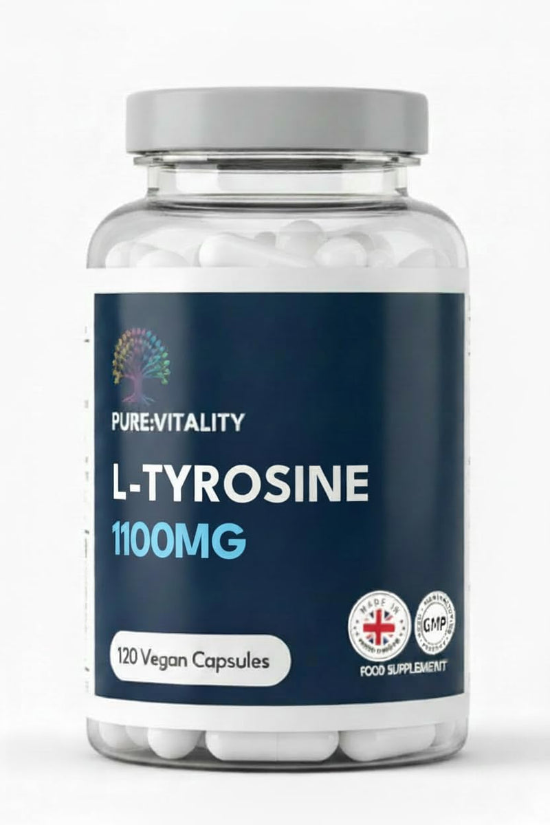 Pure Vitality | L-Tyrosine Supplement 1100mg - Free Form Amino Acid - 120 Vegan Capsules - Fermented High Strength L Tyrosine Supplement - No Artificial Preservatives