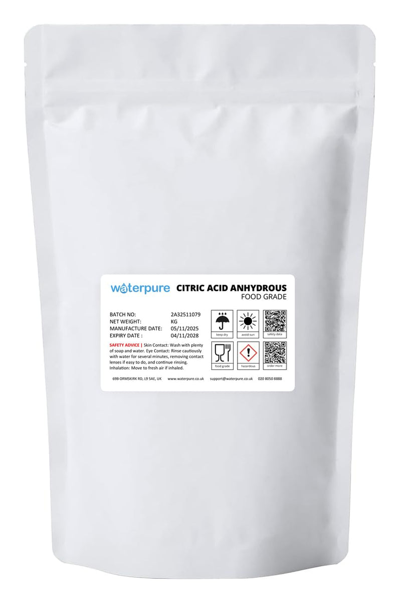 Water Pure Citric Acid Anhydrous Food Grade, Bulk Bag, Crystal Form, Bath Bombs, Cleaning, Descaling, Preserving, Flavouring (500g) 500g