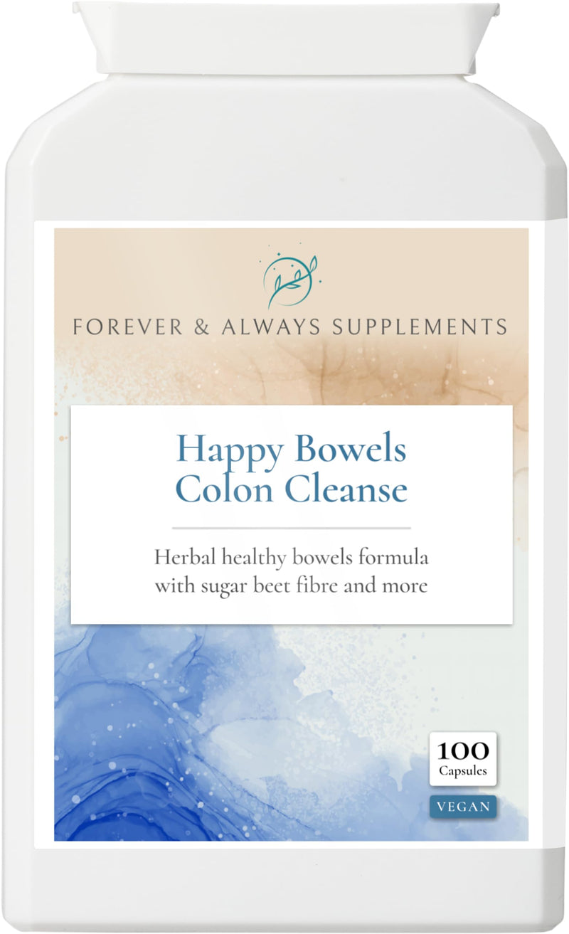 Happy Bowels Colon Cleanse & Detox Capsules, with Sugar Beet Fibre, Cayenne & Ginger, Digestive, Bowel, Intestinal Tract & Liver Support, Natural Laxative, Forever & Always Supplements