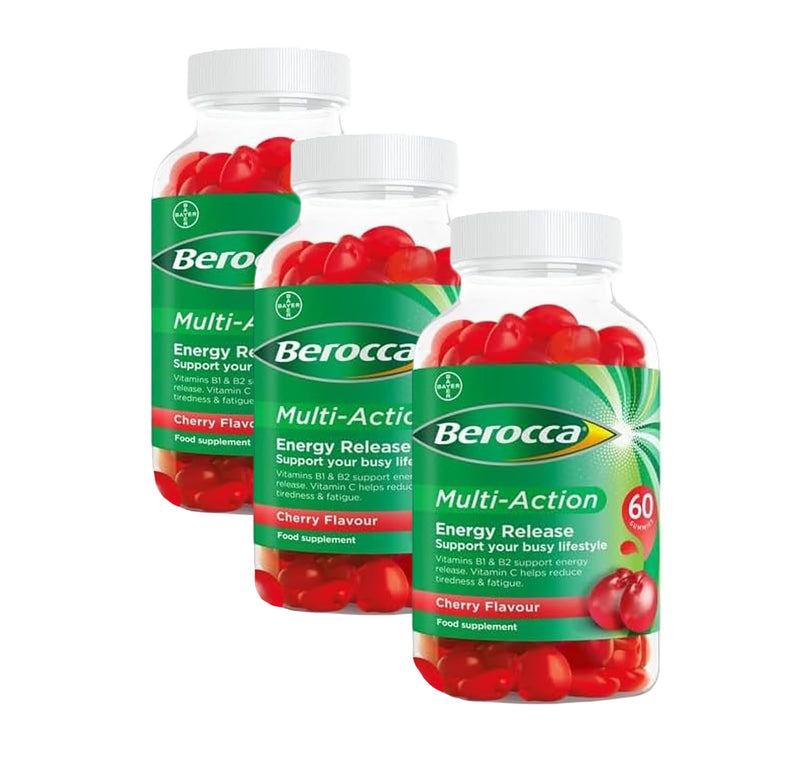 Berocca Multi-Action Multivitamin Gummies - Including Vitamin D, C, A, B-Complex (B1, B2, B3, B6, B7 & B12), E - Supplement for Women, Men and Kids - 60 Gummies x 3 Pack- Cherry Flavour 1 count (Pack of 180)