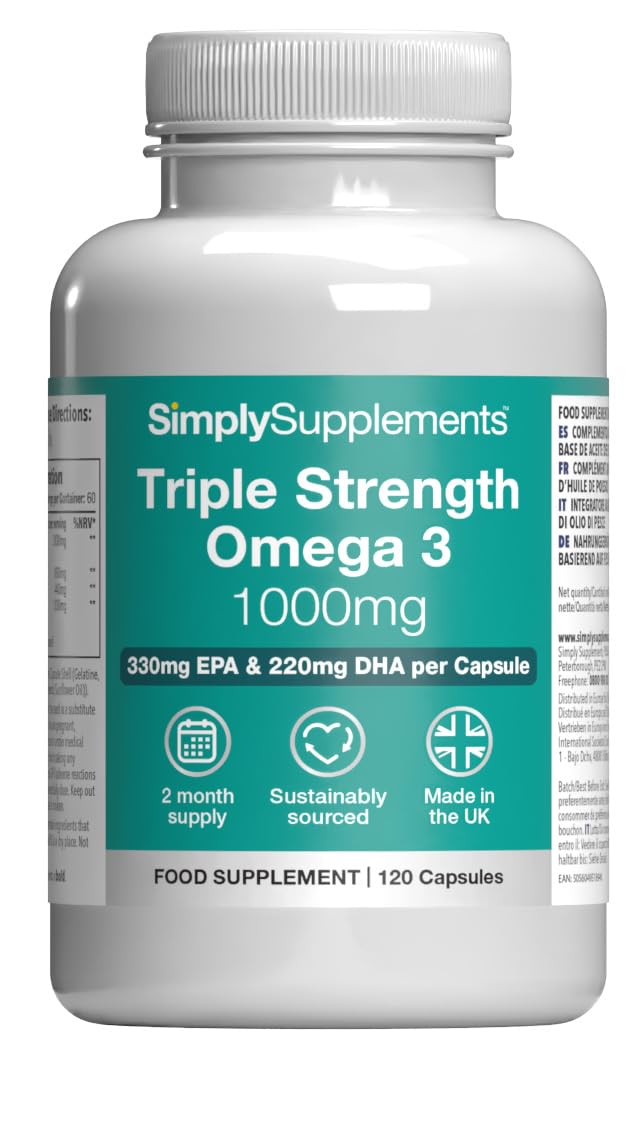 Triple Strength Omega 3 1,000mg | Supports Heart, Brain & Eye Health | Rich in Omega 3 Fatty Acids | 660mg of EPA and 440mg of DHA per Serving | 120 Capsules = 2 Months’ Supply | Made in UK 120 count (Pack of 1)