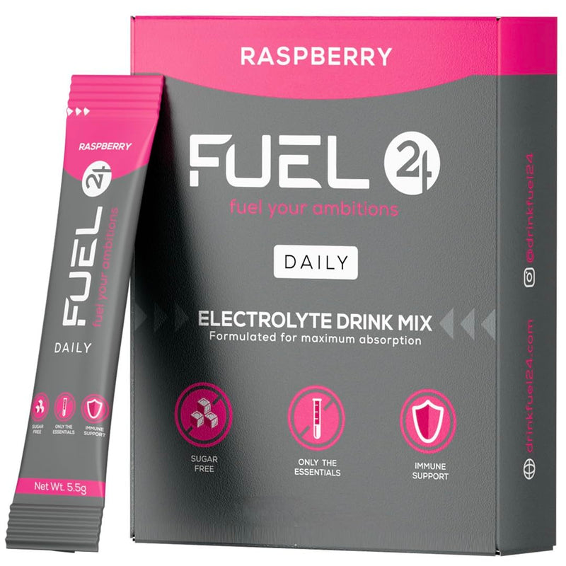 Fuel24 Electrolytes - Daily Hydration Sachets, Zero Sugar, Electrolyte Powder (10 or 30 Pack) Essential Minerals - Sodium, Magnesium, Potassium, Vitamin C B12 & L Glutamine (30 Pack, Raspberry)