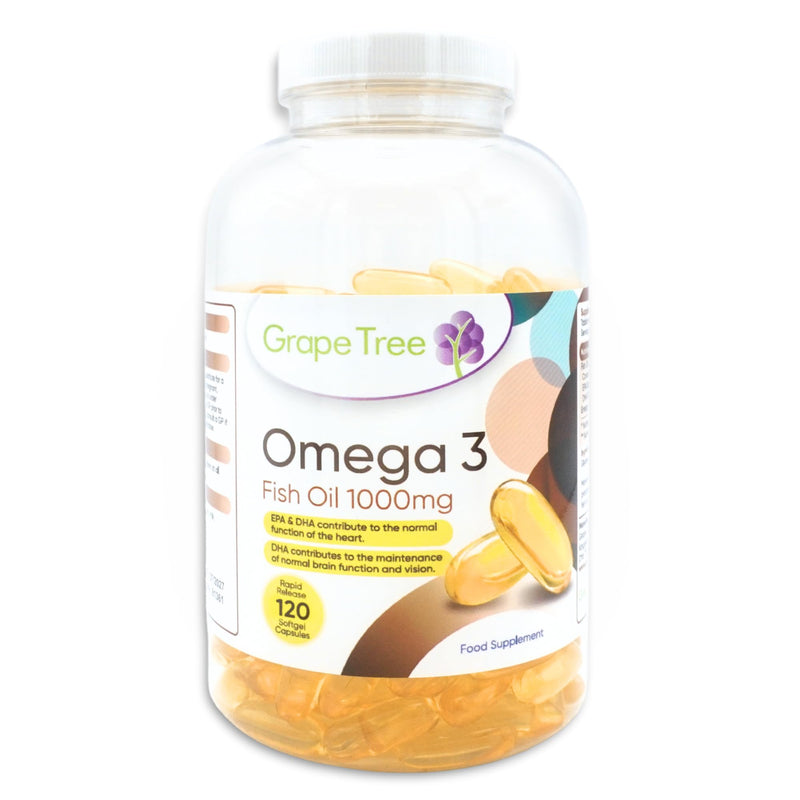 Grape Tree Omega 3 Fish Oil 1000mg 240 Softgels. 4 Month Supply. EPA & DHA Omega-3 Fatty Acids. Fish Oil Capsules Made in the UK. Gluten & Lactose Free 120 count (Pack of 1)