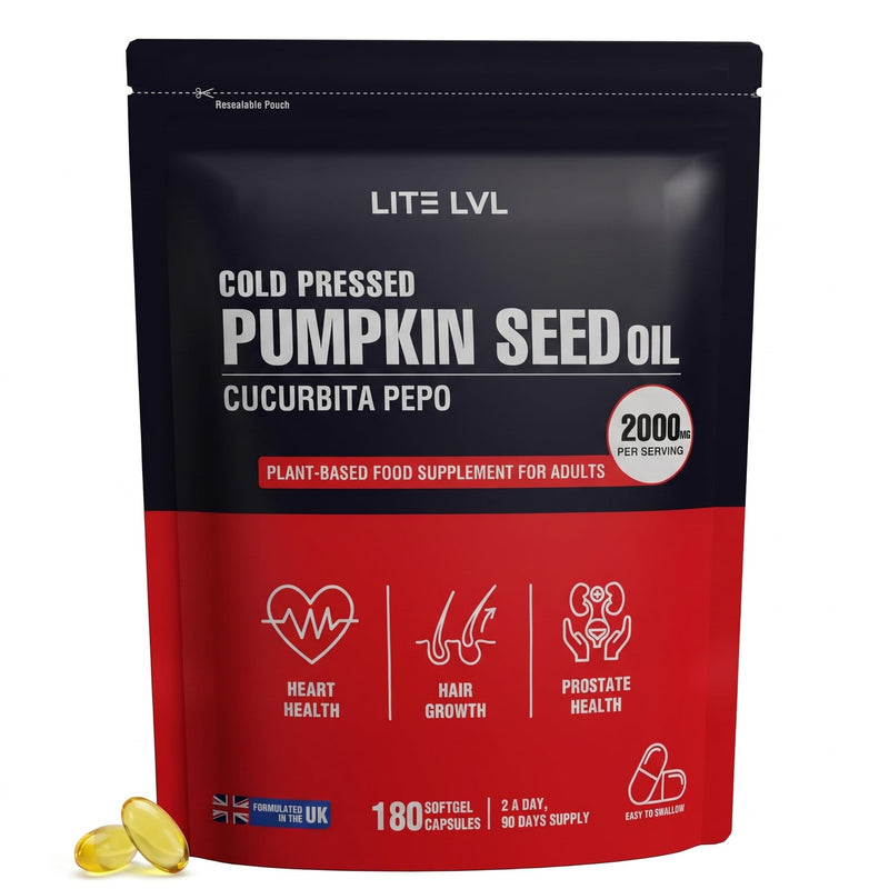 LITE LVL Pumpkin Seed Oil 2000mg – 180 Softgel Capsules | Cold-Pressed | Helps Support Prostate Health, Hair Growth, Bladder & Immune Function | 90 Day Supply | Vegan-Friendly Supplement