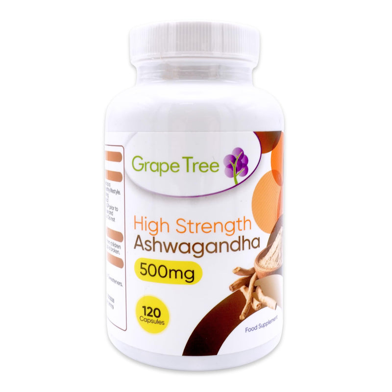 Grape Tree Ashwagandha 500mg 120 Capsules High Strength Ashwagandha Supplement Easy Daily Capsules for Men & Women UK Manufactured Food Supplement