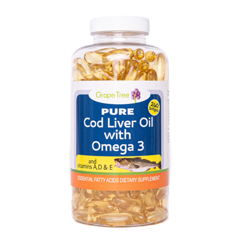 Grape Tree Cod Liver Oil 1000mg High Strength 240 Capsules. Cod Liver Oil Rich in Omega 3 EPA DHA Fatty Acids + Vitamins A, D & E High Strength Fish Oil. Supports, Heart Health, Brain, Vision, Joints